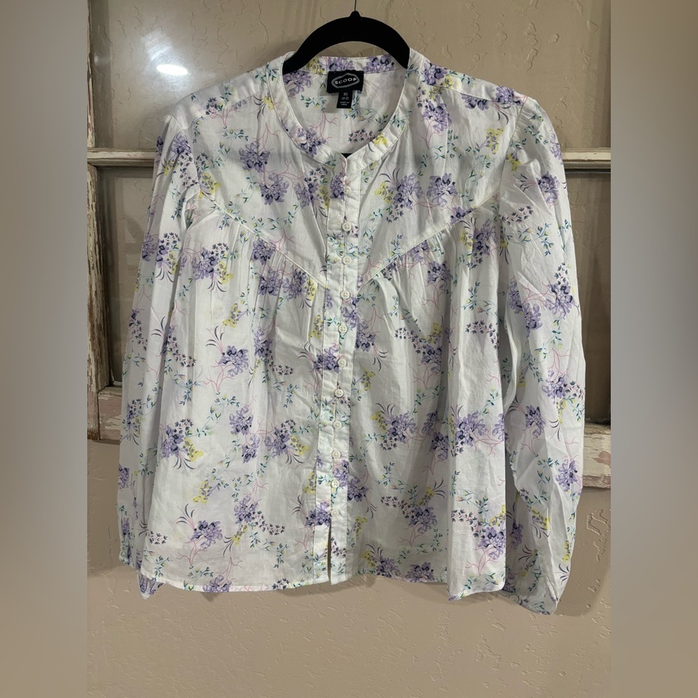 White with Lavender Floral Button-Front Blouse